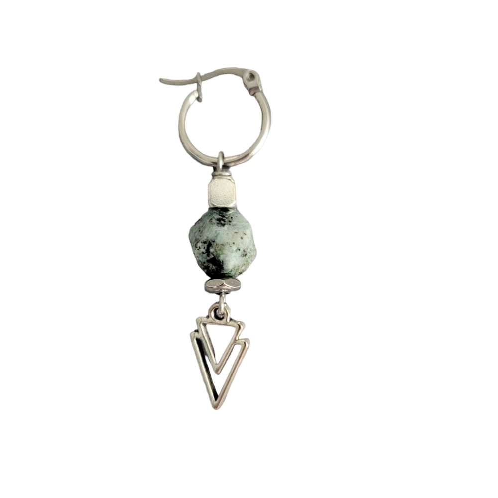 😁Mens Stainless steel hoop triangle dangle earring with Jasper Gemstone